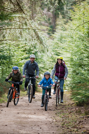 A family wearing bicycle helmets, riding their bikes through a tree area on a dirt track in Thrunton Woods, Northumberland. They are riding as a group while smiling.