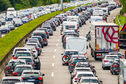 Hamburg, Germany - September 26. 2021: Traffic jam on the motorway in Hamburg, Germany. Construction sites on the motorway impede traffic flow.