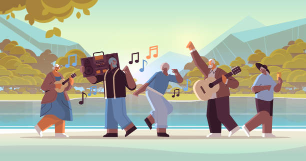 mix race senior people with bass clipping blaster recorder dancing and singing grandparents having fun active old age mix race senior people with bass clipping blaster recorder dancing and singing grandparents having fun active old age concept landscape background full length horizontal vector illustration old people dancing stock illustrations