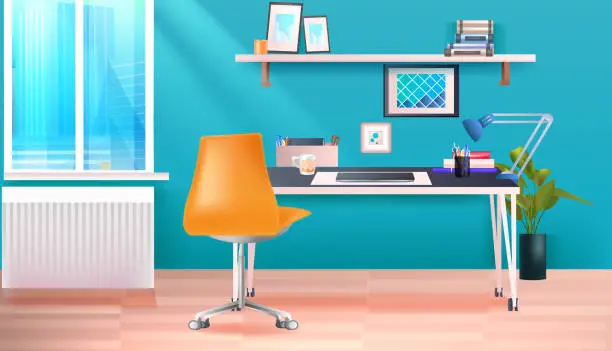 Vector illustration of modern office room or home cabinet interior empty no people workplace horizontal