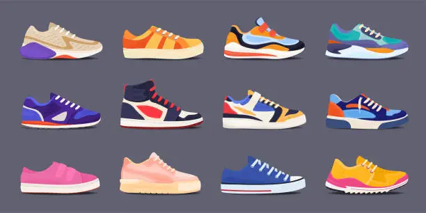 Vector illustration of Multicolored cartoon sneakers set vector flat illustration. Fitness casual shoes athletic footwear