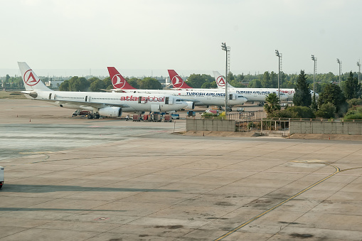 Antalya, Turkey - August 5, 2018: Airplane preparation for flight in Antalya International Airport