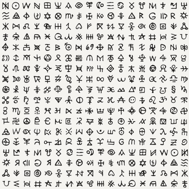 nahtloses muster mit okkulten zeichen und magischen runen - hieroglyphenschrift stock-grafiken, -clipart, -cartoons und -symbole