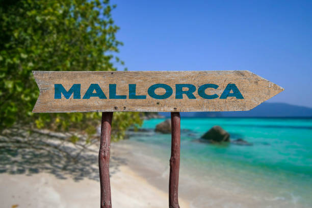 Mallorca wooden arrow road sign stock photo
