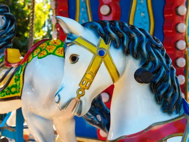 Photo of White horse with black mane close up - vintage carousel in the park