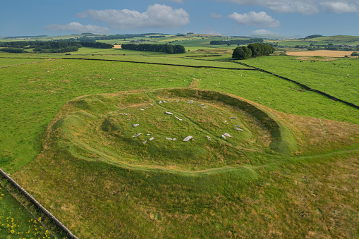 Aerial view of the Arbor Low stone circle in the Peak District, Derbyshire, UK