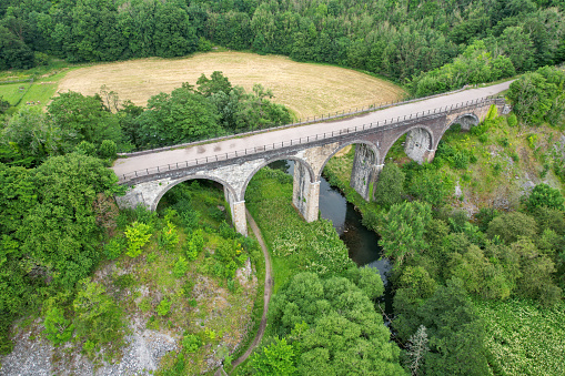 Aerial view of the Headstone viaduct which forms part of the Monsal Trail in Derbyshire, UK