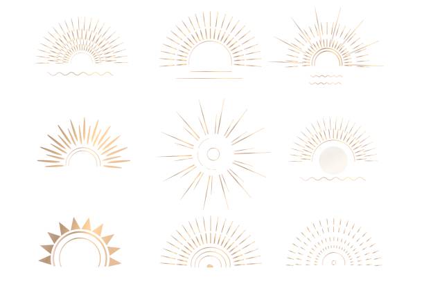 ボホスタイルの黄金色の日の出または日没のアイコン。リニア、シンプルなロゴデザイン、サンラインアート。サンセットベクトルロゴデザイン。ベクターの図。 - star burst点のイラスト素材／クリップアート素材／マンガ素材／アイコン素材
