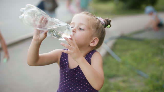 Little Girl Drinking Water Big Plastic Bottle Summer Day Park