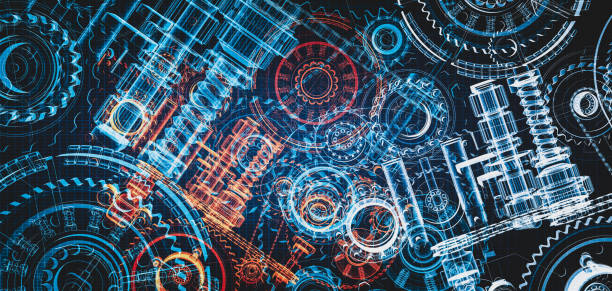 istock Blueprint project of engine design with gears 1343230241