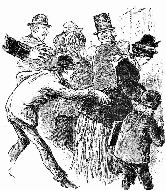 Thief steals the purse of a woman in the crowd Illustration from 19th century. pickpocketing stock illustrations