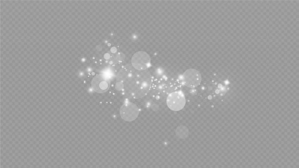 iskry pyłowe i gwiazdy świecą specjalnym światłem. świąteczny efekt świetlny. błyszczące cząsteczki magicznego pyłu. wektor błyszczy na przezroczystym tle. - glitter silver star shape white stock illustrations