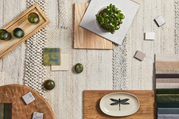 istock Flat lay design of creative architect moodboard composition with samples of building, beige textile and natural materials and personal accessories. Top view, template. 1343238934