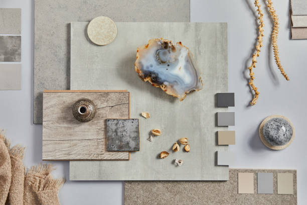 istock Creative flat lay design of stylish beige architect moodboard composition with samples of building, textile and natural materials and personal accessories. Top view,  white background, template. 1343238959