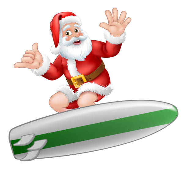 ilustrações, clipart, desenhos animados e ícones de papai noel surfando no surf board shaka hand cartoon - beach sunlight surfboard santa claus
