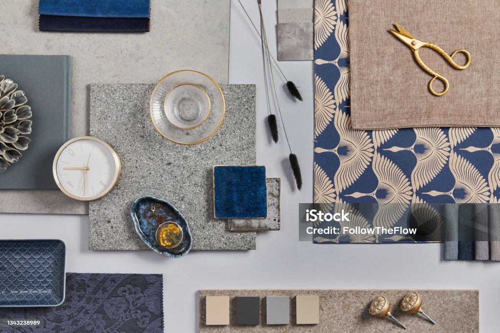 Flat Lay Of Creative Architect Moodboard Composition With Samples Of Building Textile And Natural Materials And Personal Accessories Top View Grey Background Template Stock Photo - Download Now - iStock