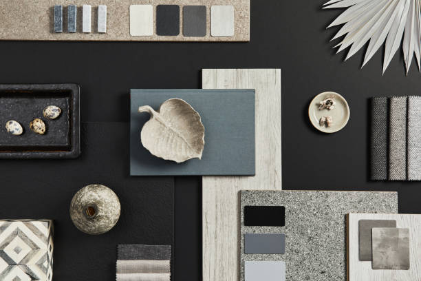 istock Flat lay composition of creative black architect moodboard with samples of building, textile and natural materials and personal accessories. Top view, black backgrounD, template. 1343239079