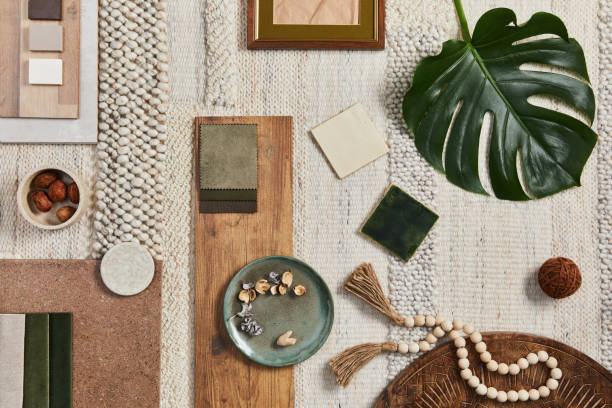 istock Flat lay design of creative architect moodboard composition with samples of building, beige textile and natural materials and personal accessories. Top view, template. 1343239081