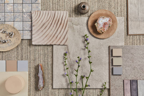 istock Flat lay of creative design of beige architect moodboard composition with samples of building, neutral textile and natural materials and personal accessories. Top view, template. 1343239089