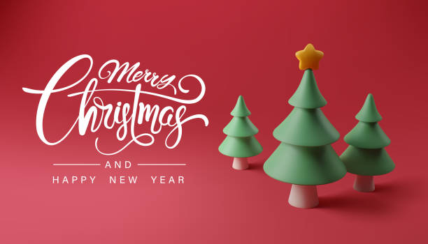 istock Merry Christmas and happy new year calligraphy and Christmas tree pine on red banner 1343242640