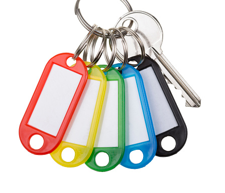 One Key With Five Tags isolated on white. Concept of multipurpose solution.