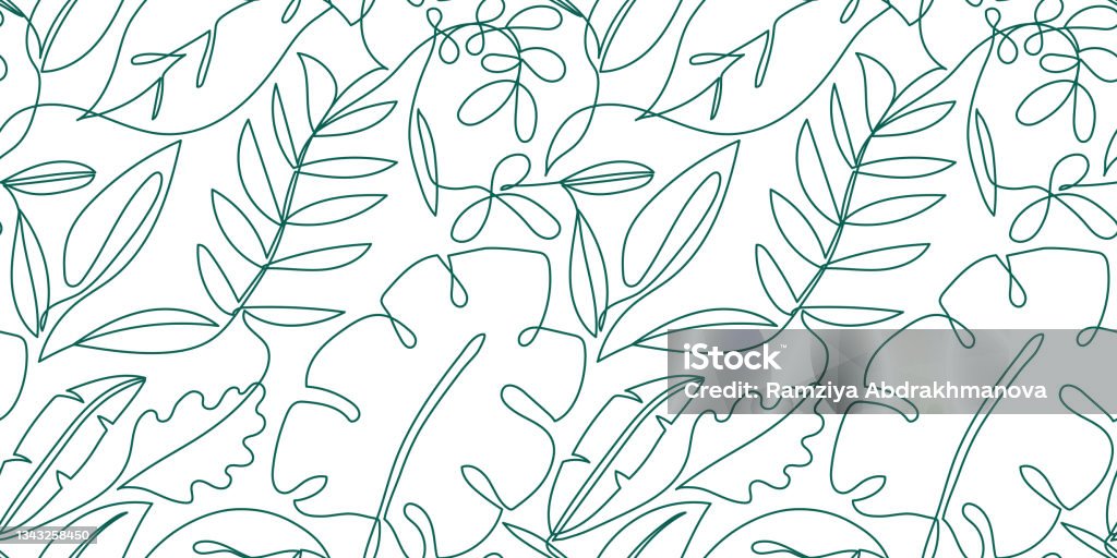 One Line Leaves Seamless Pattern Vector Green Leaf Hand Drawn Repeating ...