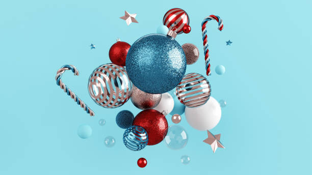 istock Colorful Modern Christmas Ornaments And Candy Canes. New Year Abstract Concept. Empty Space For Text - 3D Illustration 1343262125