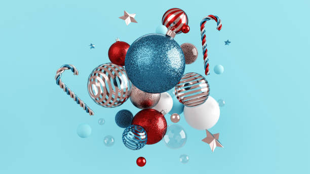 colorful modern christmas ornaments and candy canes. new year abstract concept. empty space for text - 3d illustration - confetti new years day new year christmas imagens e fotografias de stock