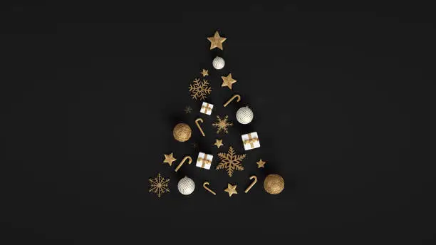 Photo of Modern Christmas Tree Background. Golden And White Decorations In Shape of Christmas Tree. New Year Concept - 3D Illustration