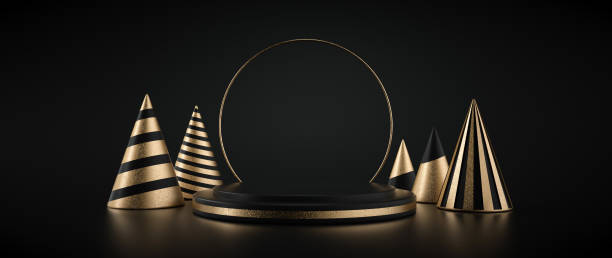 Modern Black And Golden Pedestal Stage With Christmas Trees. Empty Space Background. New Year Concept - 3D Illustration Modern, Minimal, Abstract Black And Golden Pedestal Stage With Christmas Trees Isolated On The Black Background. Empty Space. New Year Concept. new years day photos stock pictures, royalty-free photos & images