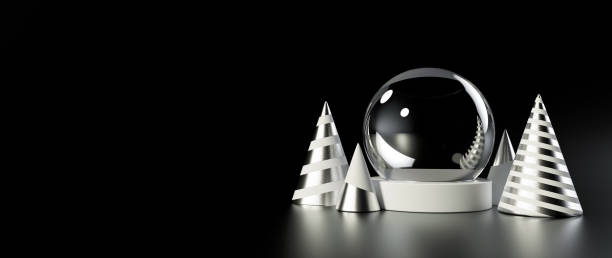 istock Pedestal Snow Globe With Modern White And Silver Christmas Trees. Empty Black Background. New Year Concept - 3D Illustration 1343262707