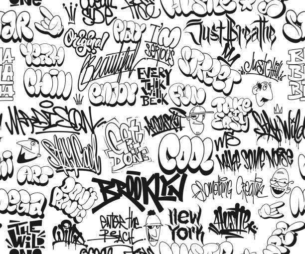 vektor-graffiti-tags, nahtloses muster. t-shirt design, textil, banner. - graffiti stock-grafiken, -clipart, -cartoons und -symbole