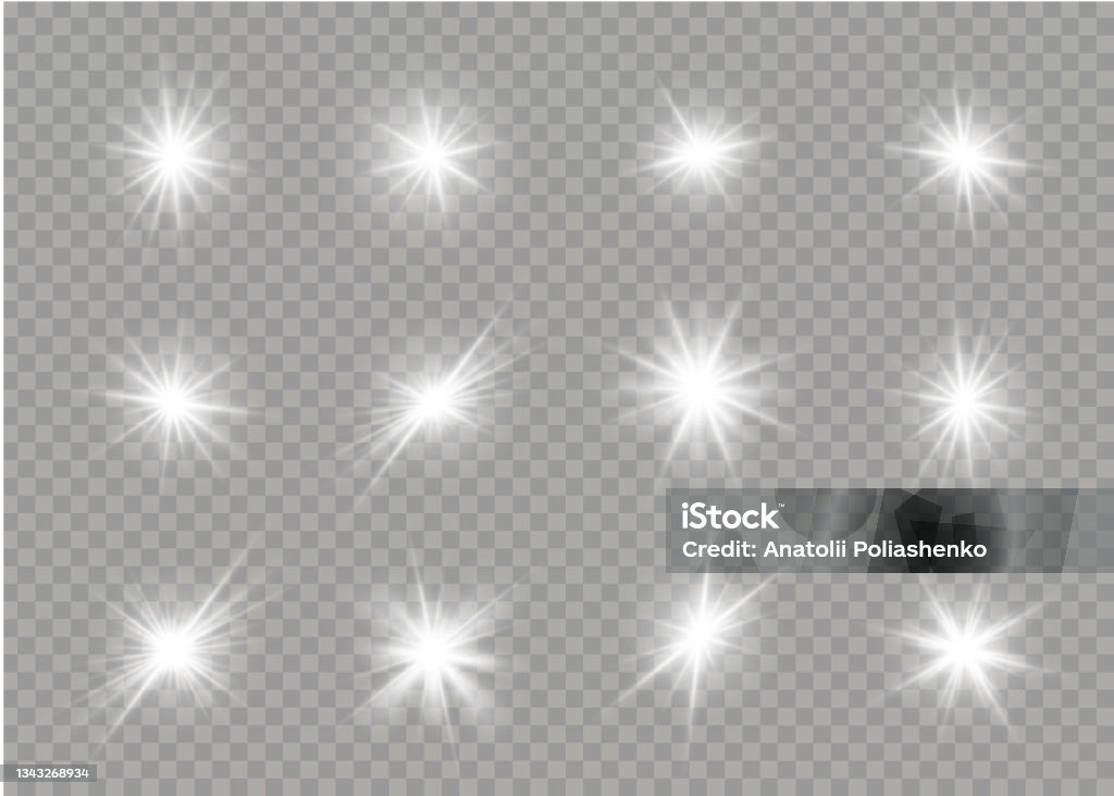 Set of explosion star, glare, sparkle, sun flare. Bright star isolated on a transparent background. White glowing light burst. Sparkling magic dust particles. Set of glare, explosion, sparkle, line, sun flare. Glittering Stock Photo