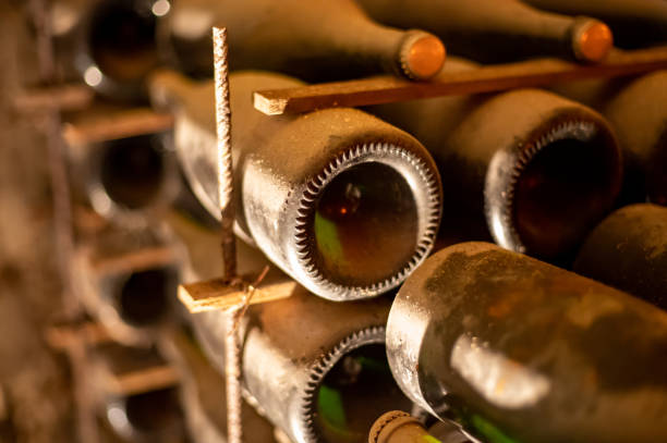istock Visit of deep and long undergrounds caves for making champagne sparkling wine from chardonnay and pinor noir grapes in Reims, Champagne, France 1343269824