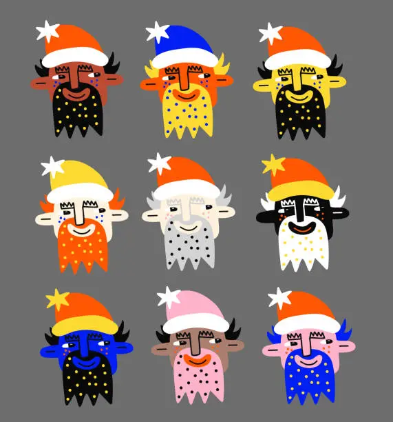 Vector illustration of Set of mixed-race portraits of Santa Claus. Multiethnic Christmas and Equality. Bizarre Santa Claus head in 80s psychedelic style