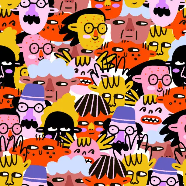 Vector illustration of autumn seamless pattern -  apathetic faces of mixed-race people.Diversity of people - young,old,children,non-binary,lgbt.80s psychedelic bizarre style.Template for printing paper and fabric Описание (на английском языке)1