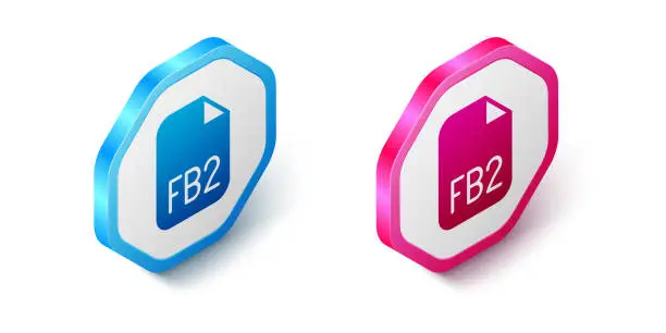 Vector illustration of Isometric FB2 File icon isolated on white background. Hexagon button. Vector