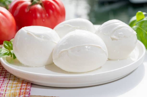 käsekollektion, frischer italienischer weichkäse mozzarella di bufal campana serviert mit frischem basilikum und tomaten - mozzarella caprese salad tomato italian cuisine stock-fotos und bilder