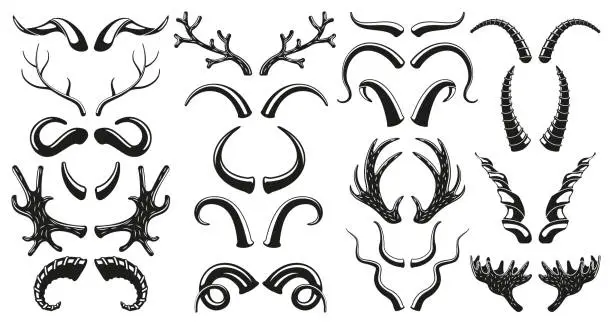 Vector illustration of Hunting wild animals, deer, goat horns antlers silhouettes. Moose, deer, ram, goat, bison horns black silhouette vector illustration set. Trophy hoofed animals horns