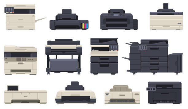 ilustrações, clipart, desenhos animados e ícones de office equipamento profissional impressora scanner máquinas copiadoras. dispositivos de escritório de tecnologia, impressora a jato de tinta, conjunto de ilustração de vetor de copiadora. máquina de impressão digital - tipógrafo