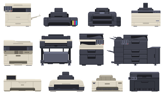 Office professional equipment printer scanner machines. Technology office, inkjet printer, vector illustration set. Digital printing machine. Professional scanner and copier, printer and photocopier