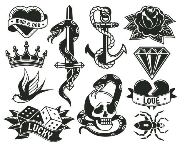 Old school tattoo symbols, heart, knife, knot, roses. Retro tattooing elements snake, crown and dice symbols vector illustration set. Vintage engraving tattoos Old school tattoo symbols, heart, knife, knot, roses. Retro tattooing elements snake, crown and dice symbols vector illustration set. Vintage engraving tattoos spider and dice, love and snake simple snake tattoo drawings stock illustrations