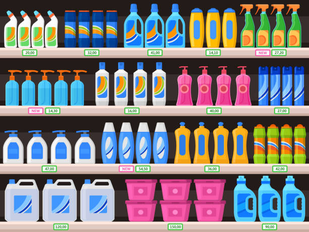 ilustraciones, imágenes clip art, dibujos animados e iconos de stock de suministros para el hogar, botellas de detergente químico en los estantes de los supermercados. detergentes, polvo de limpieza, jabón antibacteriano vector ilustración. estantes con productos químicos domésticos - chemical merchandise cleaning product domestic life