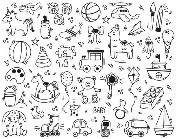ilustrações, clipart, desenhos animados e ícones de doodle brinquedos bonitos crianças desenhados à mão elementos. brinquedos infantis engraçados do jardim de infância, bola, boneca, urso e conjunto de ilustração de vetor de carro de brinquedo. símbolos de brinquedos de chá de bebê fofos - brinquedos