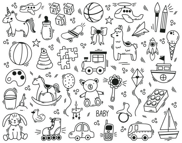 Doodle cute kids toys hand drawn elements. Kindergarten funny children toys, ball, doll, bear and toy car vector illustration set. Cute baby shower toys symbols Doodle cute kids toys hand drawn elements. Kindergarten funny children toys, ball, doll, bear and toy car vector illustration set. Cute baby shower toys. Illustration of toy drawing, horse doodle toy stock illustrations