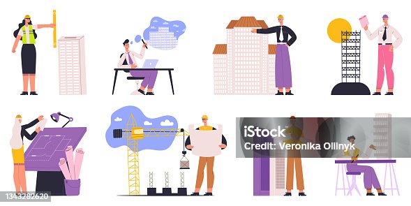 istock Architects, engineers, builders and construction workers characters. Professional builder, architect, worker engineer vector illustration set. Architectural project workers 1343282620