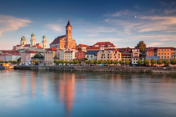 Cityscape image of Passau skyline, Bavaria, Germany at autumn sunset.