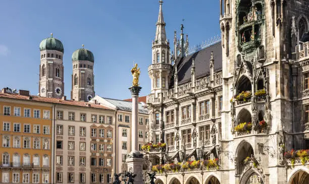 Munich Marienplatz square with the city hall with the Glockenspiel, the Marian Column and in the background the Church of Our Lady (Frauenkirche - Munich cathedral)