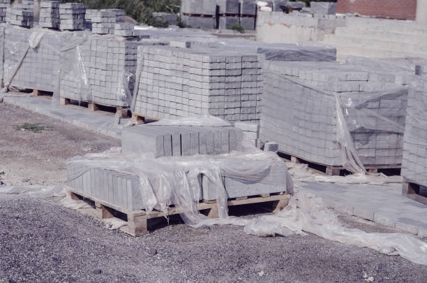 istock Construction site. Pallets of gray paving tiles on the construct 1343286539