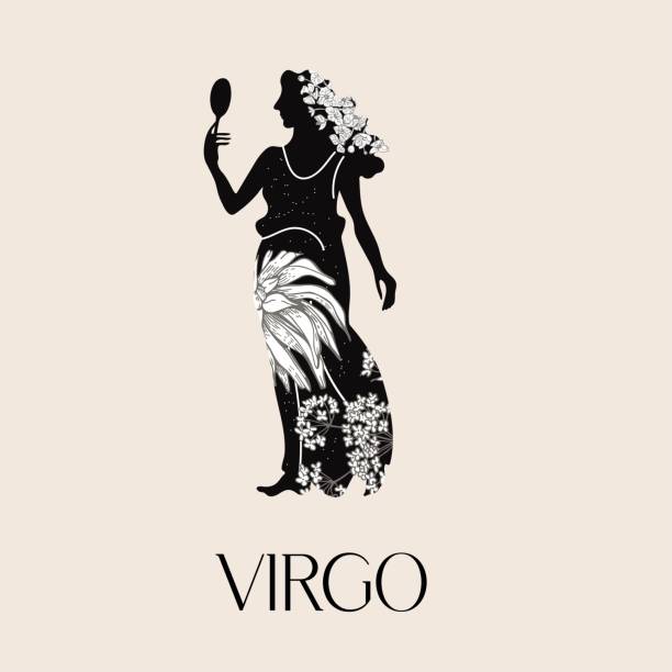 Virgo zodiac sign. The symbol of the astrological horoscope. Virgo zodiac sign. Black silhouette with white flowers. The symbol of the astrological horoscope.  Vector illustration. virgo stock illustrations